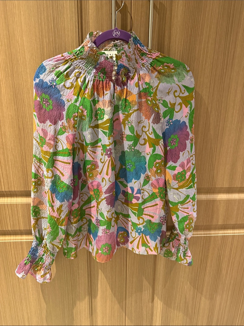 Tanya Taylor Multi-Color Floral Smocked-Neck Blouse
